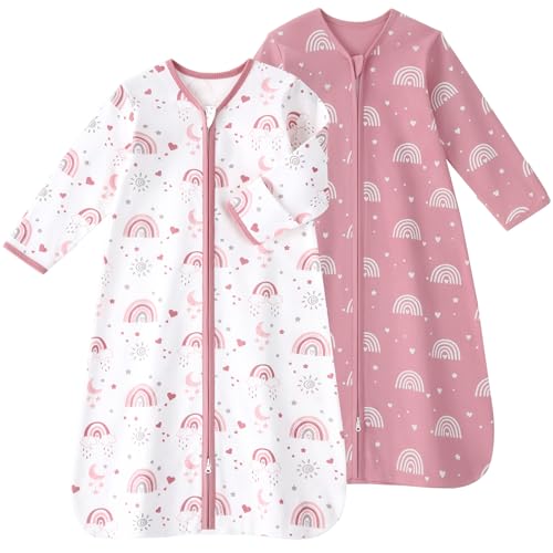 FIEMOL Baby Sleep Sack 612 Months Long Sleeve Baby Wearable Blanket 05 Tog with Mittens 2Way Zipper Infant Cotton Sleeping Sack for Boy and Girl Pink Rainbow 2 Pack Medium - Image 1