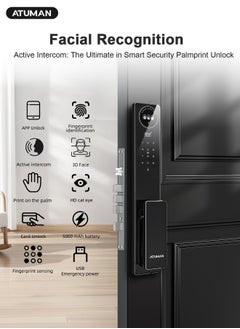 ATuMan Smart Door with Camera,Smart Door Lock,Palm Vein unlock 3D Facial Recognition,Real-Time Monitor,Two-Way Intercom,CNC Material,Tuya WiFi APP Control,Emergency USB Power  - Image 2