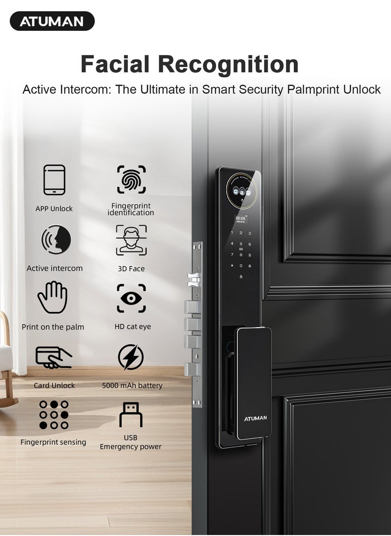 ATuMan - Smart Door with Camera,Smart Door Lock,Palm Vein unlock 3D Facial Recognition,Real-Time Monitor,Two-Way Intercom,CNC Material,Tuya WiFi APP Control,Emergency USB Power - Image 1