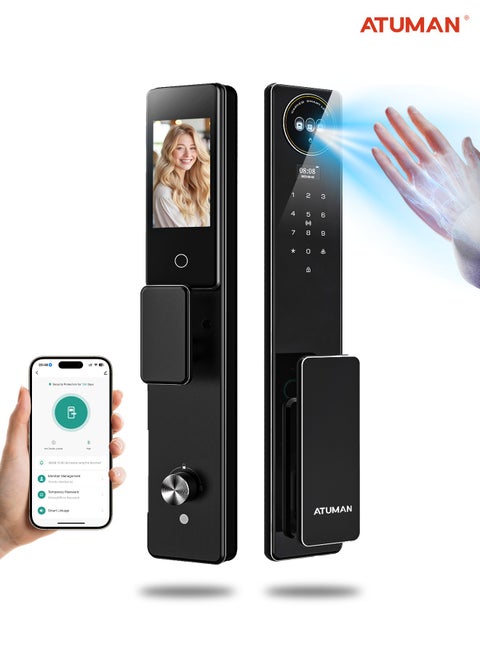Smart Door with Camera,Smart Door Lock,Palm Vein unlock 3D Facial Recognition,Real-Time Monitor,Two-Way Intercom,CNC Material,Tuya WiFi APP Control,Emergency USB Power