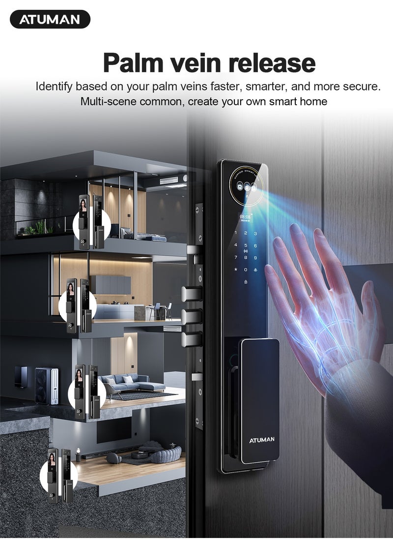 ATuMan - Smart Door with Camera,Smart Door Lock,Palm Vein unlock 3D Facial Recognition,Real-Time Monitor,Two-Way Intercom,CNC Material,Tuya WiFi APP Control,Emergency USB Power - Image 1