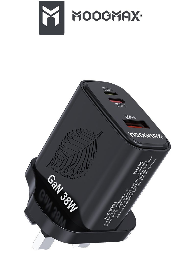 MOOGMAX GaN 38W home wall charger with three ports, a Type-C PD port, a USB QC.3 port, and a Lightning port to preserve the environment, supports fast charging in black from Moogmax  - Image 1
