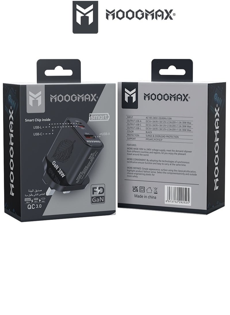 MOOGMAX GaN 38W home wall charger with three ports, a Type-C PD port, a USB QC.3 port, and a Lightning port to preserve the environment, supports fast charging in black from Moogmax  - Image 3