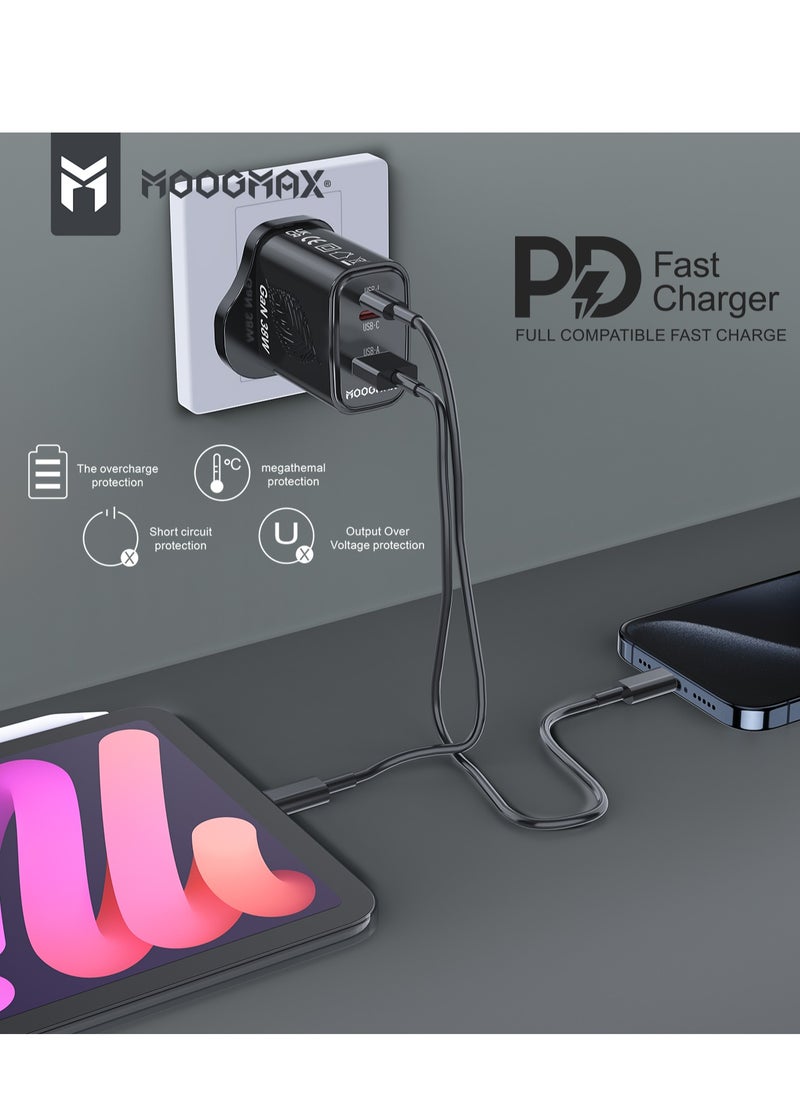 MOOGMAX GaN 38W home wall charger with three ports, a Type-C PD port, a USB QC.3 port, and a Lightning port to preserve the environment, supports fast charging in black from Moogmax  - Image 2