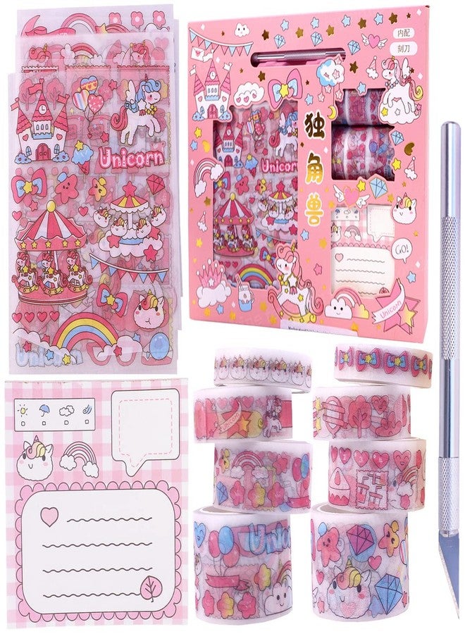 Toyshine Cute Unicorn Washi Tape Set 8 Rolls, 10 Stickers, 1 Notepad, 1 Cutting Tool, Decorative Masking Tapes for Arts, DIY Crafts, Journals, Planners, Scrapbook, Wrapping | 10 x 4 x 12 cm - Image 1