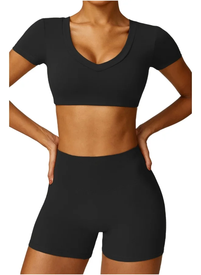 كون.يوغا KAWN YOGA Womens Crop Top Shirt Short Sleeves - Padded Low Impact Workout Yoga Shirt with Removable Built in Bra