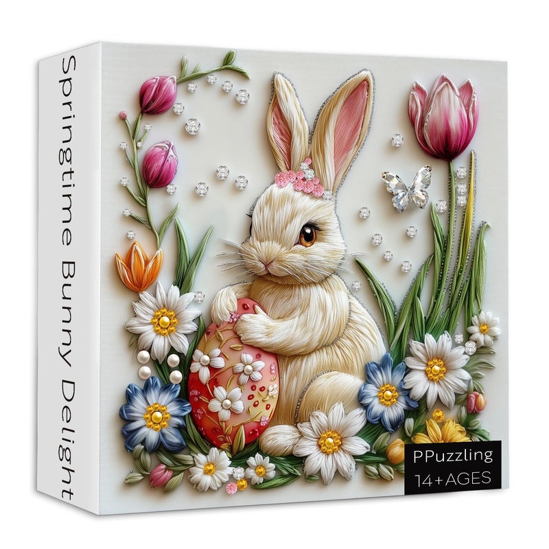 PPuzzling Easter Bunny Puzzle for Adults 1000 Pieces Cute Rabbit with Spring Flowers Butterfly and Decorative Egg Jewel Art Jigsaw Puzzle Challenging Spring Garden Jigsaw Puzzle for Easter Lovers - Image 3