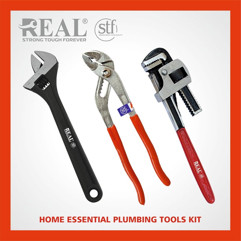REAL stf REALstf Professional Plumbing Tool Set, 25.4 cm Water Pump Pliers, Adjustable Wrench 8", Pipe Wrench Stillson 10", 3-Piece Kit, Multicolour - Image 2