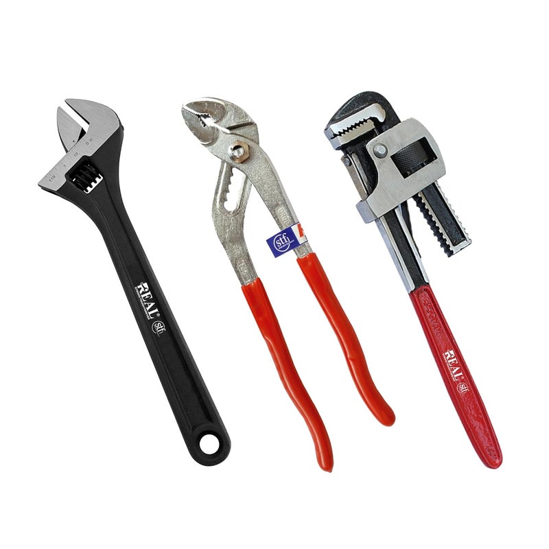 REAL stf REALstf Professional Plumbing Tool Set, 25.4 cm Water Pump Pliers, Adjustable Wrench 8", Pipe Wrench Stillson 10", 3-Piece Kit, Multicolour - Image 1