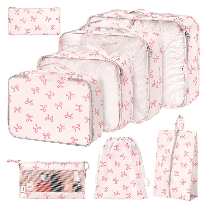 Hatisan 8 Set Packing Cubes for Suitcases,Suitcase Organizer with Shoe,Cosmetics,Clothing, and Accessories Bags for Travel Luggage Organizer Women Men(Pink Bows) - Image 1