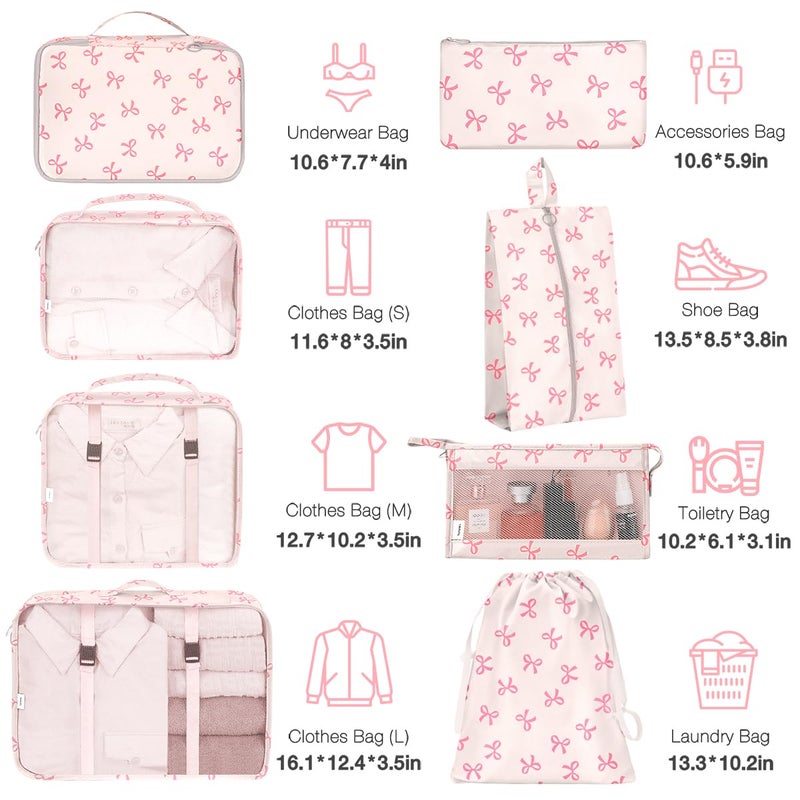 Hatisan 8 Set Packing Cubes for Suitcases,Suitcase Organizer with Shoe,Cosmetics,Clothing, and Accessories Bags for Travel Luggage Organizer Women Men(Pink Bows) - Image 2