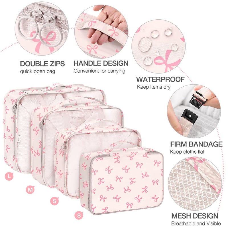 Hatisan 8 Set Packing Cubes for Suitcases,Suitcase Organizer with Shoe,Cosmetics,Clothing, and Accessories Bags for Travel Luggage Organizer Women Men(Pink Bows) - Image 3