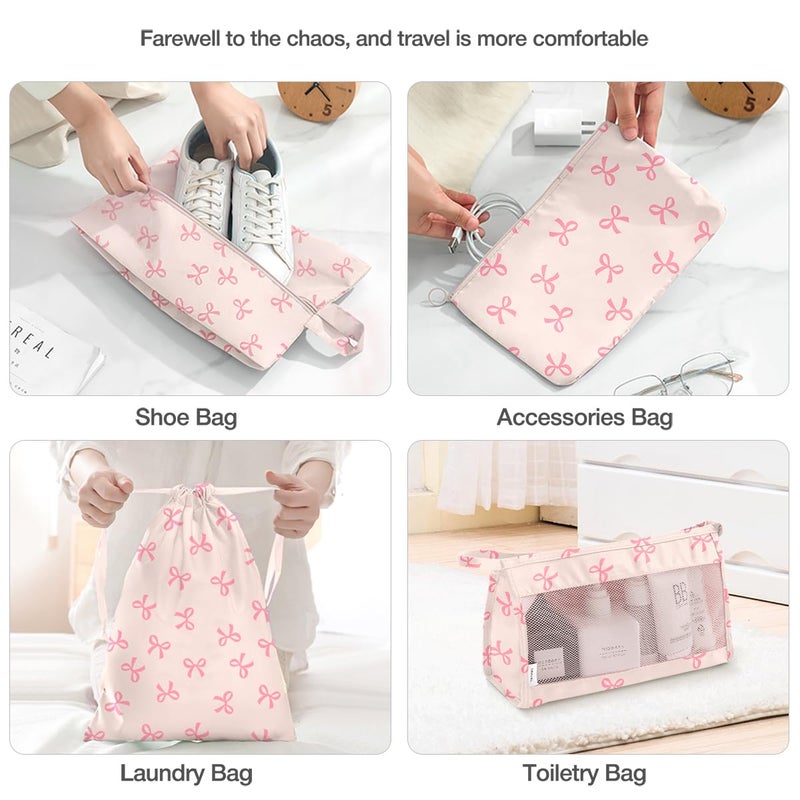 Hatisan 8 Set Packing Cubes for Suitcases,Suitcase Organizer with Shoe,Cosmetics,Clothing, and Accessories Bags for Travel Luggage Organizer Women Men(Pink Bows) - Image 5