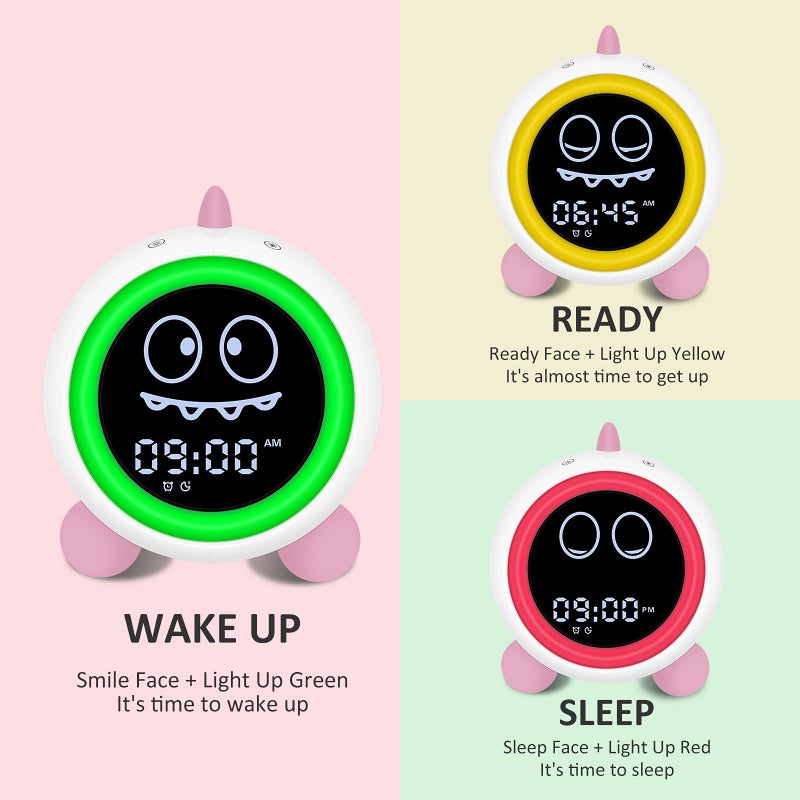 H-chin Kids Alarm Clock, Toddler Sleep Training Clock with Night Lights, Sound Machine, Time to Wake Dinosaur Alarm Clock for Children, Gift Ideas for Kids Toddler Boy Girl (Pink) - Image 2