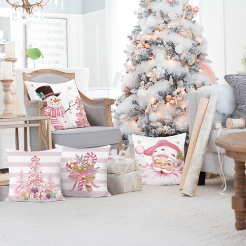 Bonhause Pink Christmas Throw Pillow Covers 18x18 Inch Santa Claus Snowman Candy Cane Xmas Tree Decorative Pillows for Couch Sofa Bed Home Winter Holiday Decor Set of 4 - Image 3