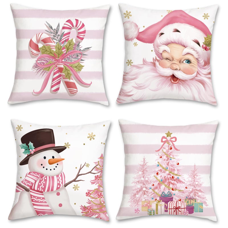 Bonhause Pink Christmas Throw Pillow Covers 18x18 Inch Santa Claus Snowman Candy Cane Xmas Tree Decorative Pillows for Couch Sofa Bed Home Winter Holiday Decor Set of 4 - Image 2