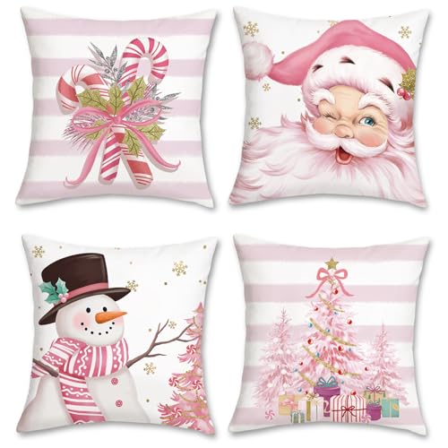 Bonhause Pink Christmas Throw Pillow Covers 18x18 Inch Santa Claus Snowman Candy Cane Xmas Tree Decorative Pillows for Couch Sofa Bed Home Winter Holiday Decor Set of 4 - Image 1