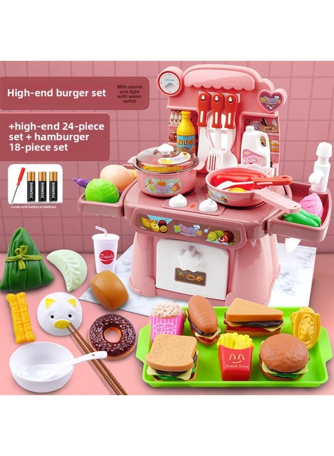 Children's Play House Toy Mini Kitchen Boys And Girls Birthday Gift Cooking Cooking Kitchenware Suit-Color:24-piece Set +18-piece Hamburger Set: With Sound And Light With Water + Battery * 3 Tablets + Screwdriver * 1  - Image 1