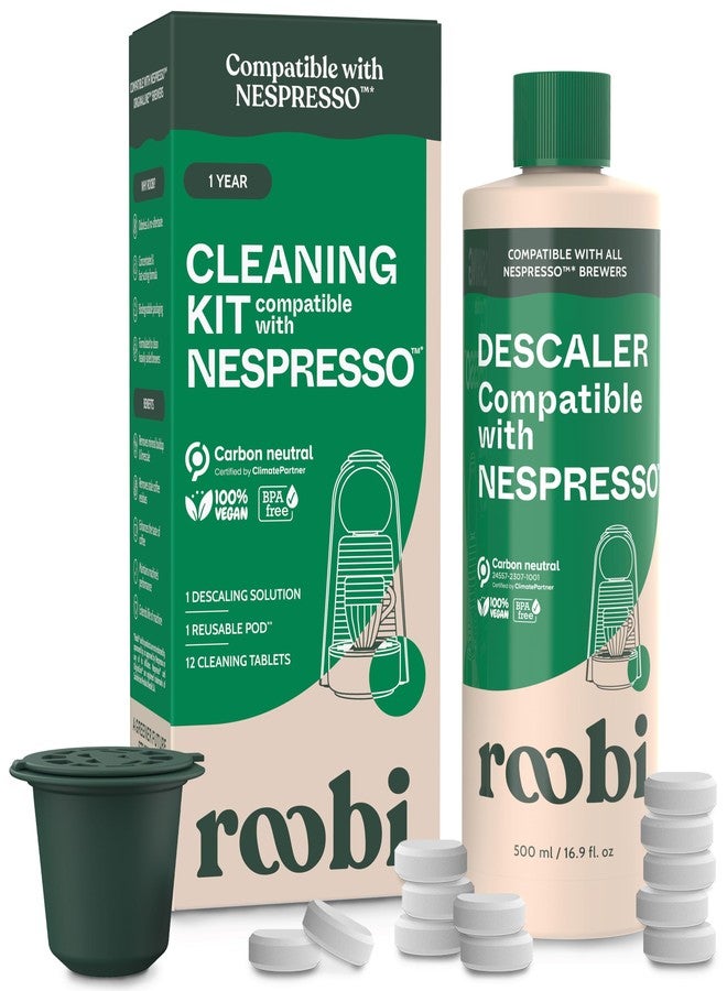 Roobi Descaling and Cleaning Kit for Nespresso Originaline. Includes 1 Bottle of Descaling Solution, 12 Cleaning Tablets and 1 Reusable Pod. Carbon Neutral. 1 Year Supply. - Image 1