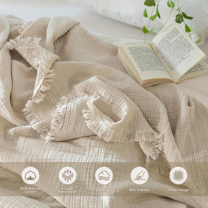 MooMee Muslin Blanket - 100% Cotton 4-Layer Gauze Throw Blanket with All-Around Fringe, Soft Breathable Lightweight Cooling Summer Blankets for Bed Couch (Beige,Oversize Queen 98" x 98") - Image 3