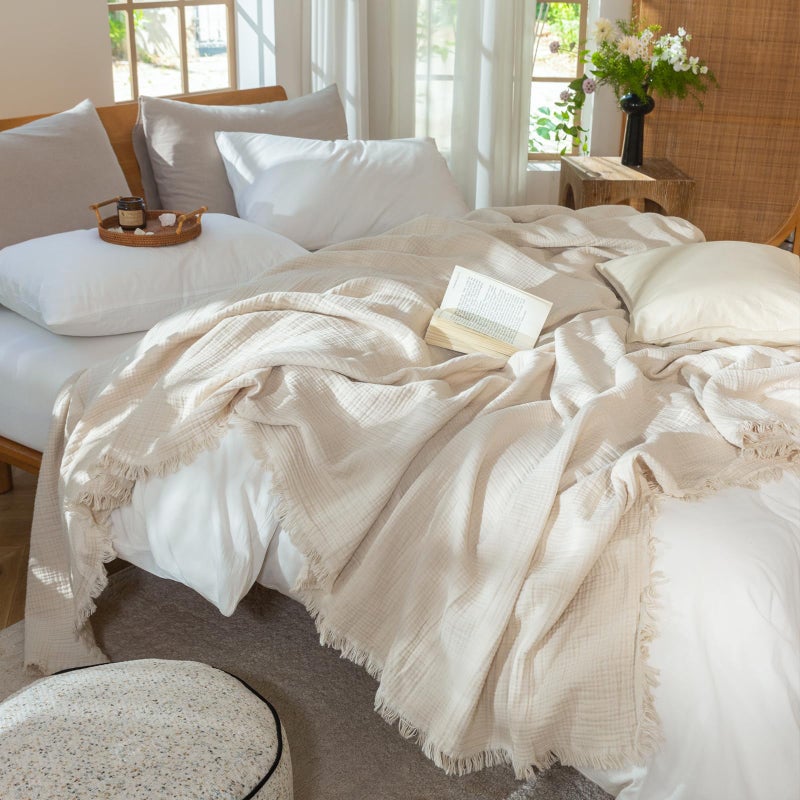 MooMee Muslin Blanket - 100% Cotton 4-Layer Gauze Throw Blanket with All-Around Fringe, Soft Breathable Lightweight Cooling Summer Blankets for Bed Couch (Beige,Oversize Queen 98" x 98") - Image 4