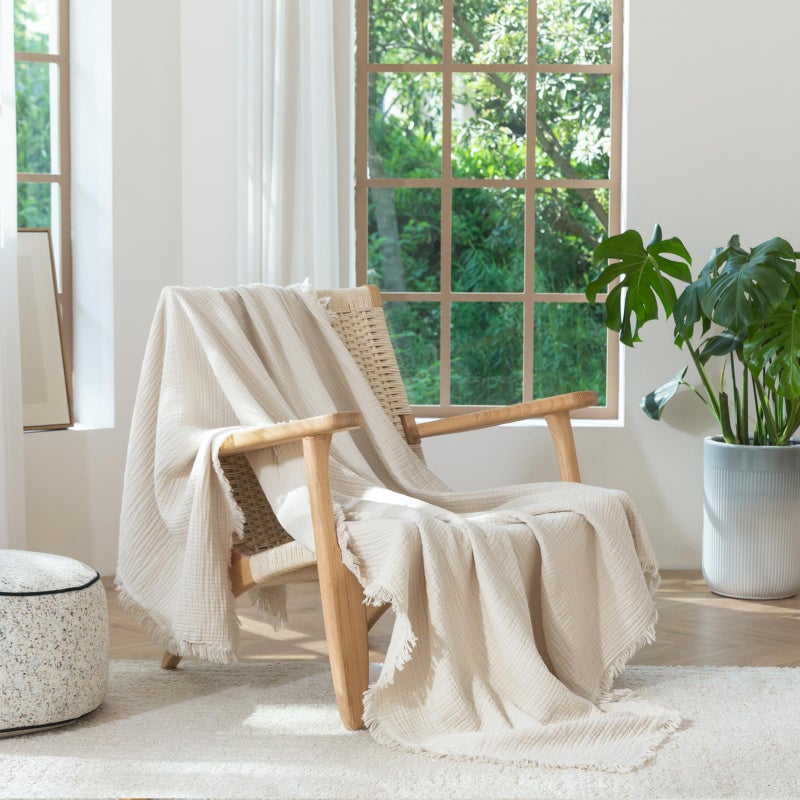 MooMee Muslin Blanket - 100% Cotton 4-Layer Gauze Throw Blanket with All-Around Fringe, Soft Breathable Lightweight Cooling Summer Blankets for Bed Couch (Beige,Oversize Queen 98" x 98") - Image 5
