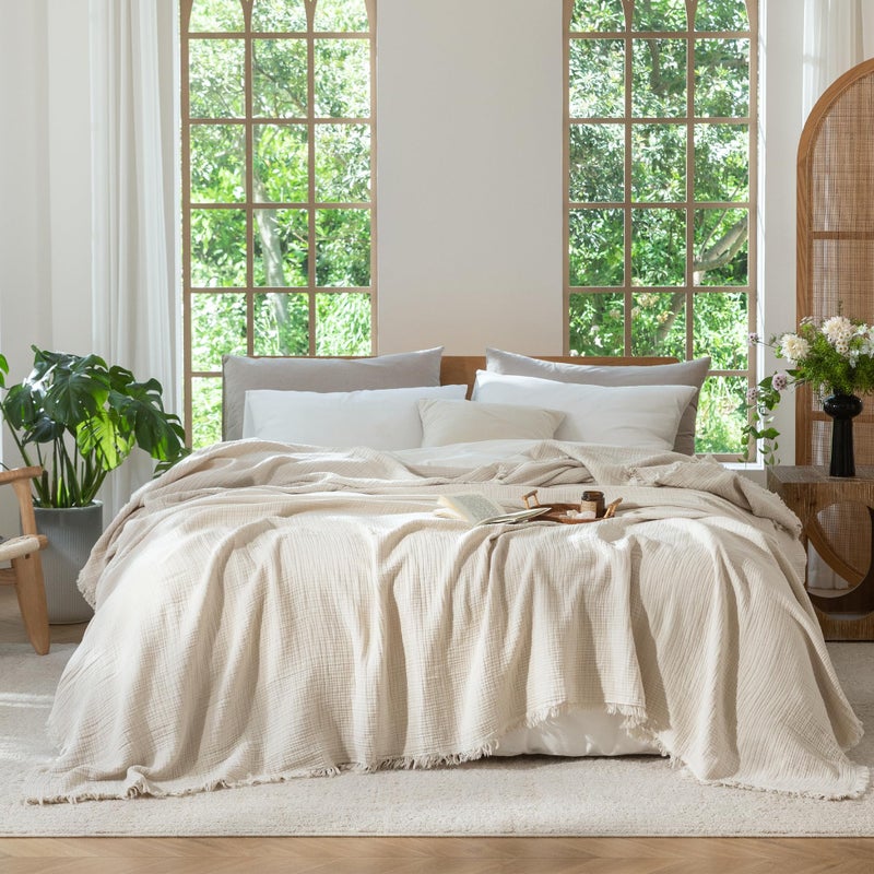 MooMee Muslin Blanket - 100% Cotton 4-Layer Gauze Throw Blanket with All-Around Fringe, Soft Breathable Lightweight Cooling Summer Blankets for Bed Couch (Beige,Oversize Queen 98" x 98") - Image 1