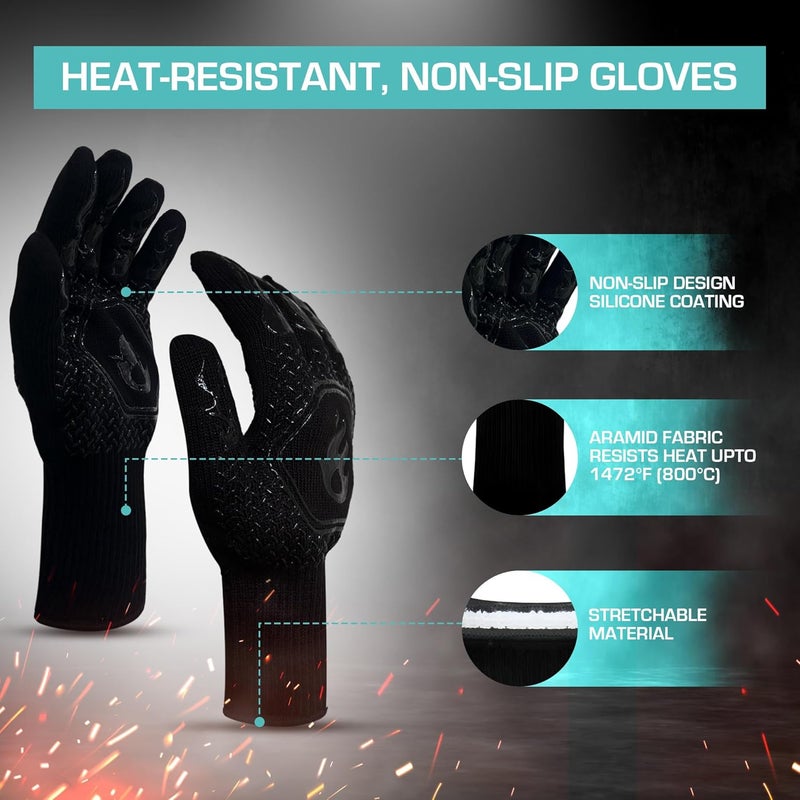 Peng Essentials BBQ Gloves| Heat Resistant Barbecue Gloves for Cooking| Grilling Gloves Non Toxiceco Anti-Slip| Protection of Hands from Fire Heat with Premium Silicon Gloves 1-Pair, (Black) - Image 3