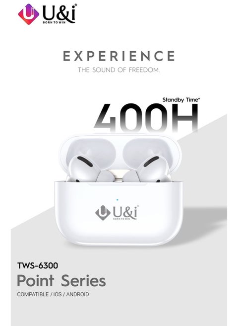 U&I 6300 Wireless Earbuds, Bluetooth Earbuds with 20-Hour Battery Life, 20 Hours Talk Time, 1-Hour Fast Charging, 400-Hour Standby, 10M Wireless Range, Compact and Comfortable Design – White