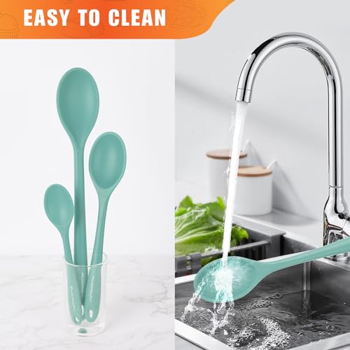 PUCKWAY 3 Pcs Silicone Spoons Set of 7.9 10.6 14.2 inch for Cooking, Heat Resistant Kitchen Spoons for Mixing, Stirring, and Serving, Small to Large Non Stick (Green) - Image 4