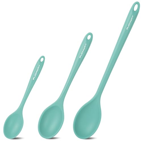 PUCKWAY 3 Pcs Silicone Spoons Set of 7.9 10.6 14.2 inch for Cooking, Heat Resistant Kitchen Spoons for Mixing, Stirring, and Serving, Small to Large Non Stick (Green) - Image 1