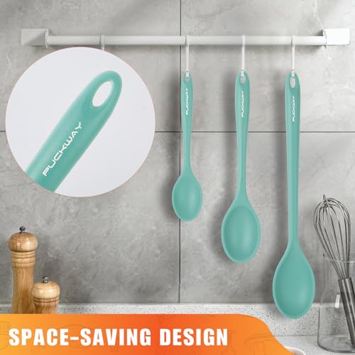PUCKWAY 3 Pcs Silicone Spoons Set of 7.9 10.6 14.2 inch for Cooking, Heat Resistant Kitchen Spoons for Mixing, Stirring, and Serving, Small to Large Non Stick (Green) - Image 3