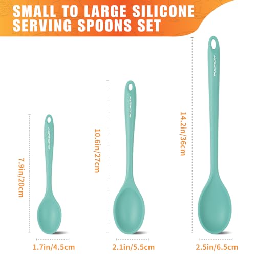 PUCKWAY 3 Pcs Silicone Spoons Set of 7.9 10.6 14.2 inch for Cooking, Heat Resistant Kitchen Spoons for Mixing, Stirring, and Serving, Small to Large Non Stick (Green) - Image 2