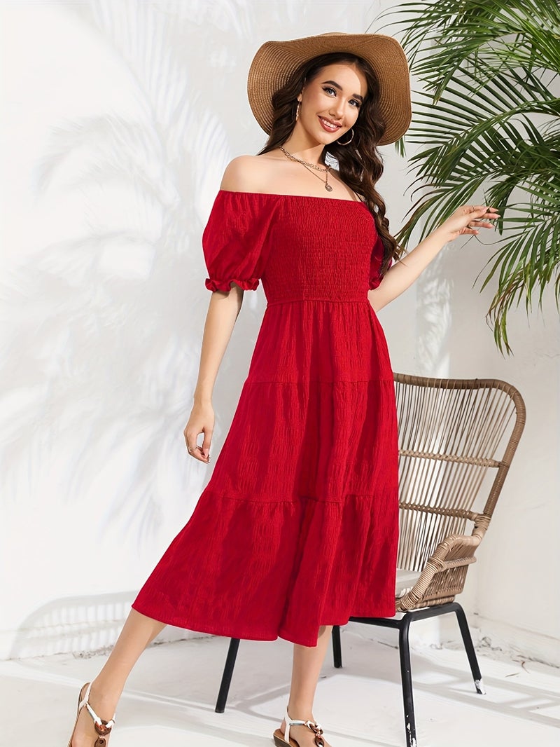 Elegant Two-Way Solid Color Dress for Women - Shirred Detail, Ruffled Hem, V-Neck A-Line Silhouette - Perfect for Spring\u002FSummer, Versatile Red\u002FGreen - Image 5