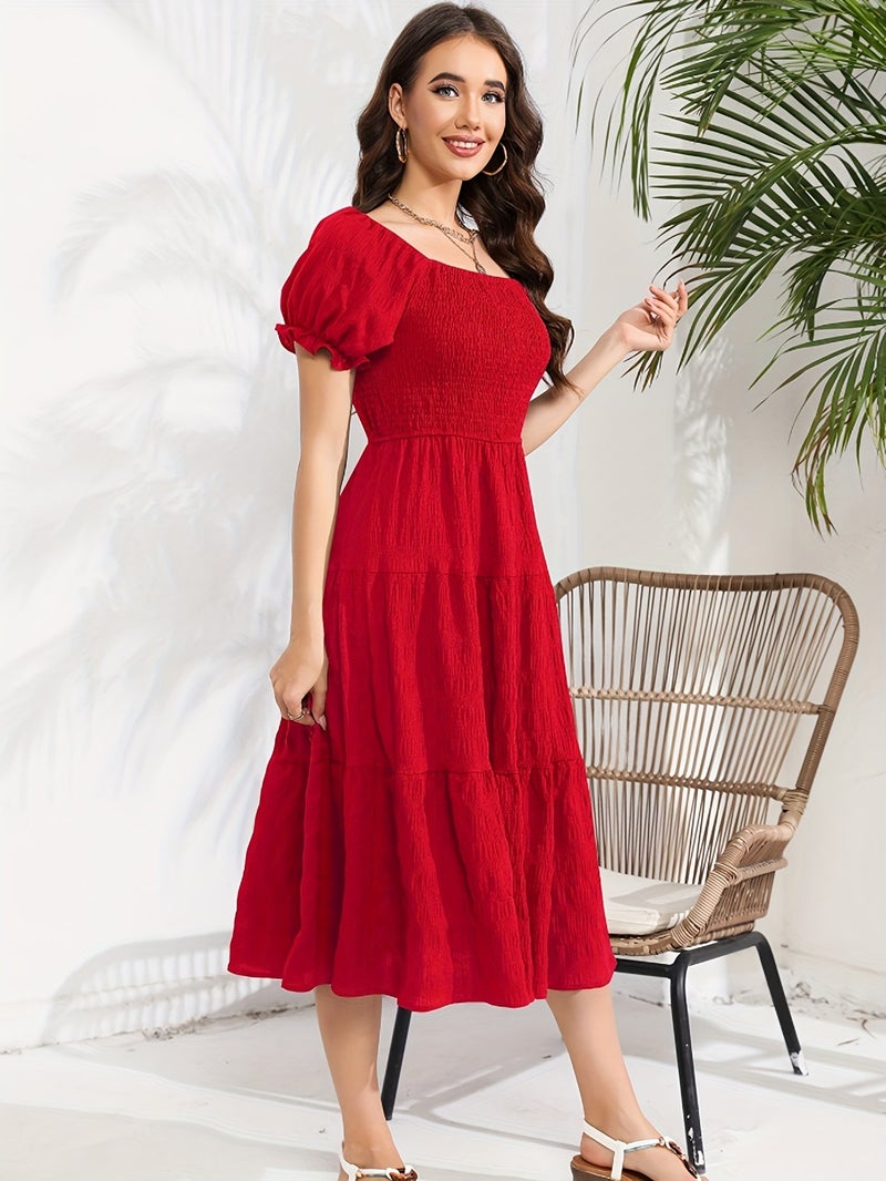 Elegant Two-Way Solid Color Dress for Women - Shirred Detail, Ruffled Hem, V-Neck A-Line Silhouette - Perfect for Spring\u002FSummer, Versatile Red\u002FGreen - Image 3