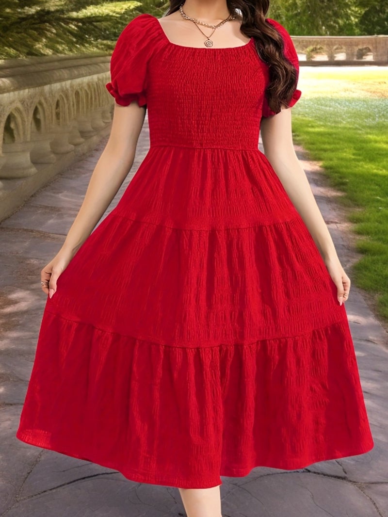 Elegant Two-Way Solid Color Dress for Women - Shirred Detail, Ruffled Hem, V-Neck A-Line Silhouette - Perfect for Spring\u002FSummer, Versatile Red\u002FGreen - Image 2