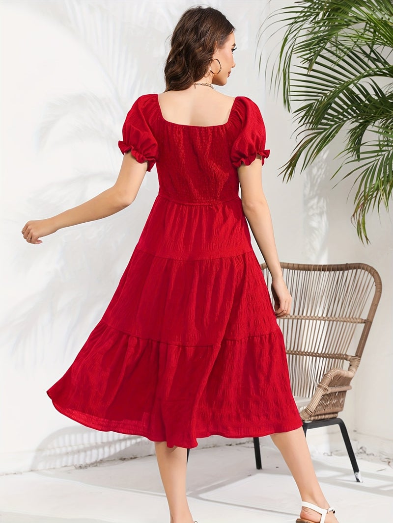 Elegant Two-Way Solid Color Dress for Women - Shirred Detail, Ruffled Hem, V-Neck A-Line Silhouette - Perfect for Spring\u002FSummer, Versatile Red\u002FGreen - Image 4