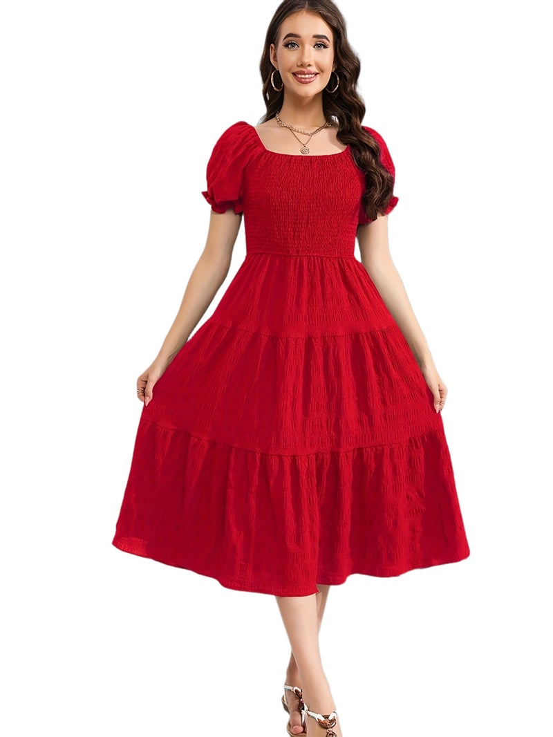 Elegant Two-Way Solid Color Dress for Women - Shirred Detail, Ruffled Hem, V-Neck A-Line Silhouette - Perfect for Spring\u002FSummer, Versatile Red\u002FGreen - Image 1