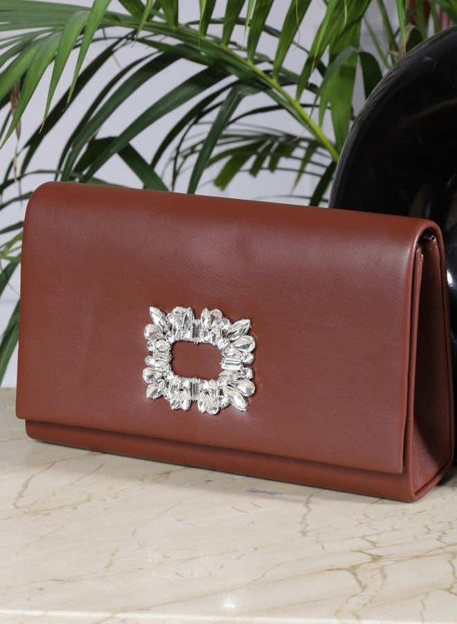 ZEVORA Women's Framed Foldover Clutch | Detachable Chain Sling Strap | Ladies Purse Wallet 08C Brown (22X14 CM) - Image 2