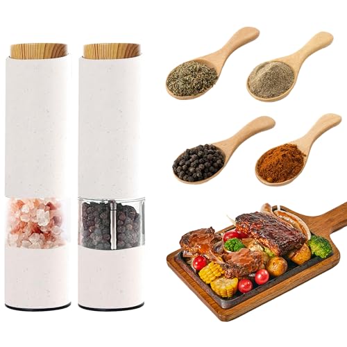 MEHIDFY Electric Salt and Pepper Grinder Set 2 Pack Salt and Pepper Grinder Battery Operated OneHanded Automatic Salt and Pepper Mill Grinder with LED Light Adjustable Coarseness White - Image 1