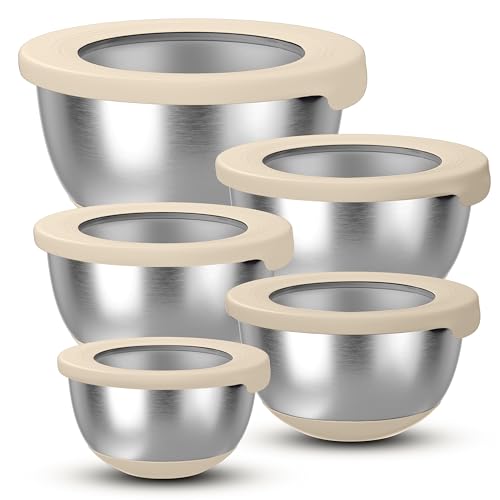 KITEISCAT Stainless Steel Mixing Bowls with Lids – Set of 5 Large Nesting Metal Bowls for Kitchen, Baking, Cooking, Food Prep & Storage, Non-Slip Base, Dishwasher Safe,Khaki - Image 1