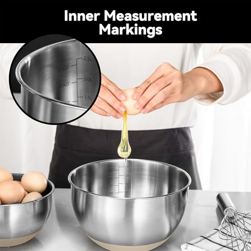 KITEISCAT Stainless Steel Mixing Bowls with Lids – Set of 5 Large Nesting Metal Bowls for Kitchen, Baking, Cooking, Food Prep & Storage, Non-Slip Base, Dishwasher Safe,Khaki - Image 5