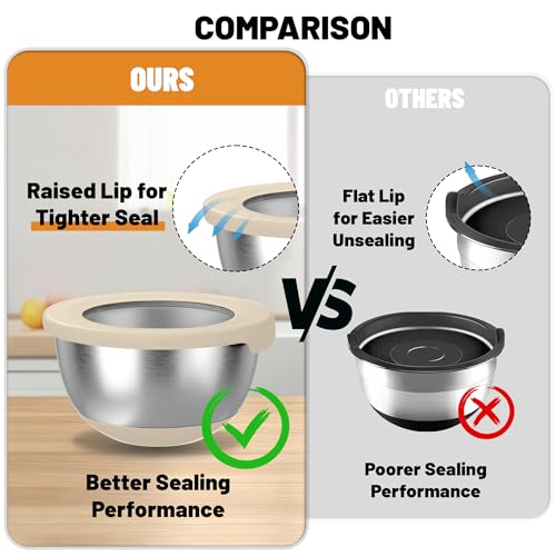 KITEISCAT Stainless Steel Mixing Bowls with Lids – Set of 5 Large Nesting Metal Bowls for Kitchen, Baking, Cooking, Food Prep & Storage, Non-Slip Base, Dishwasher Safe,Khaki - Image 4