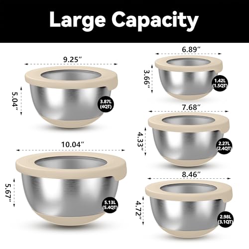 KITEISCAT Stainless Steel Mixing Bowls with Lids – Set of 5 Large Nesting Metal Bowls for Kitchen, Baking, Cooking, Food Prep & Storage, Non-Slip Base, Dishwasher Safe,Khaki - Image 2