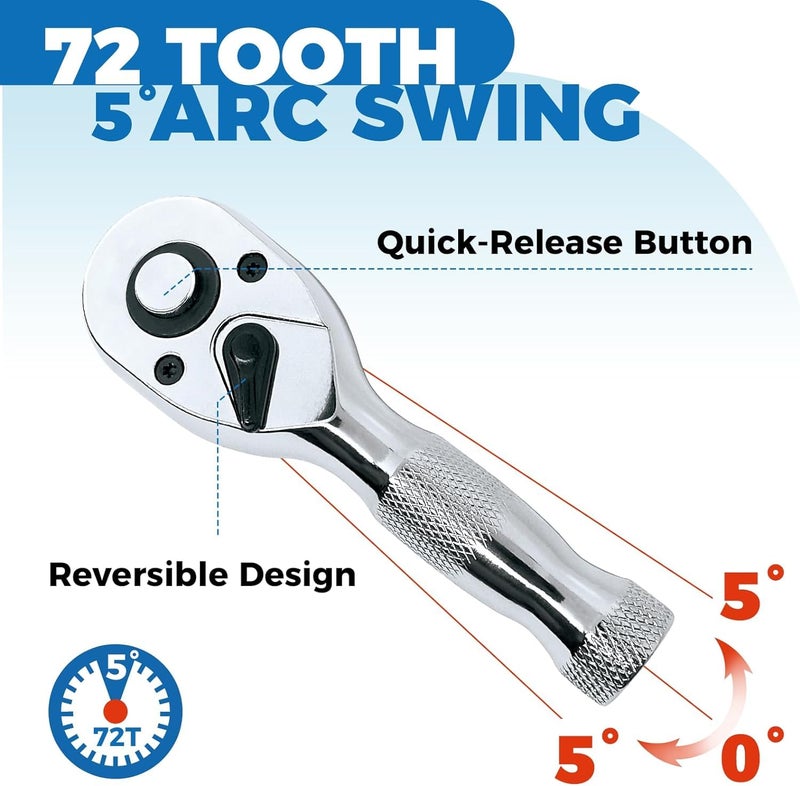 3 Pcs Stubby Ratchet Set, Quick Release Reversible, 1/4 - Image 4