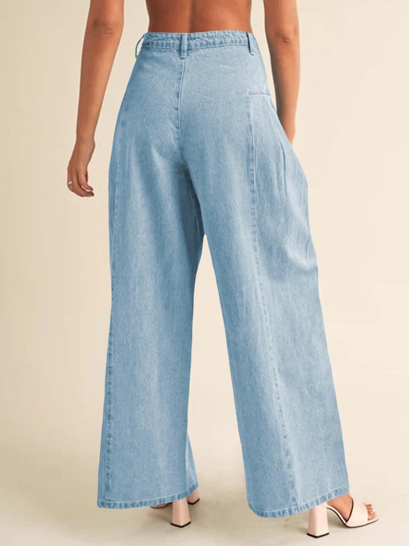 PLNOTME Womens Baggy High Waisted Jeans Loose Boyfriend Wide Leg Side Pleated Denim Pants Blue - Image 5