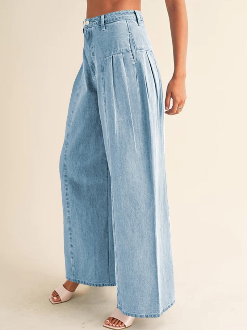 PLNOTME Womens Baggy High Waisted Jeans Loose Boyfriend Wide Leg Side Pleated Denim Pants Blue - Image 3