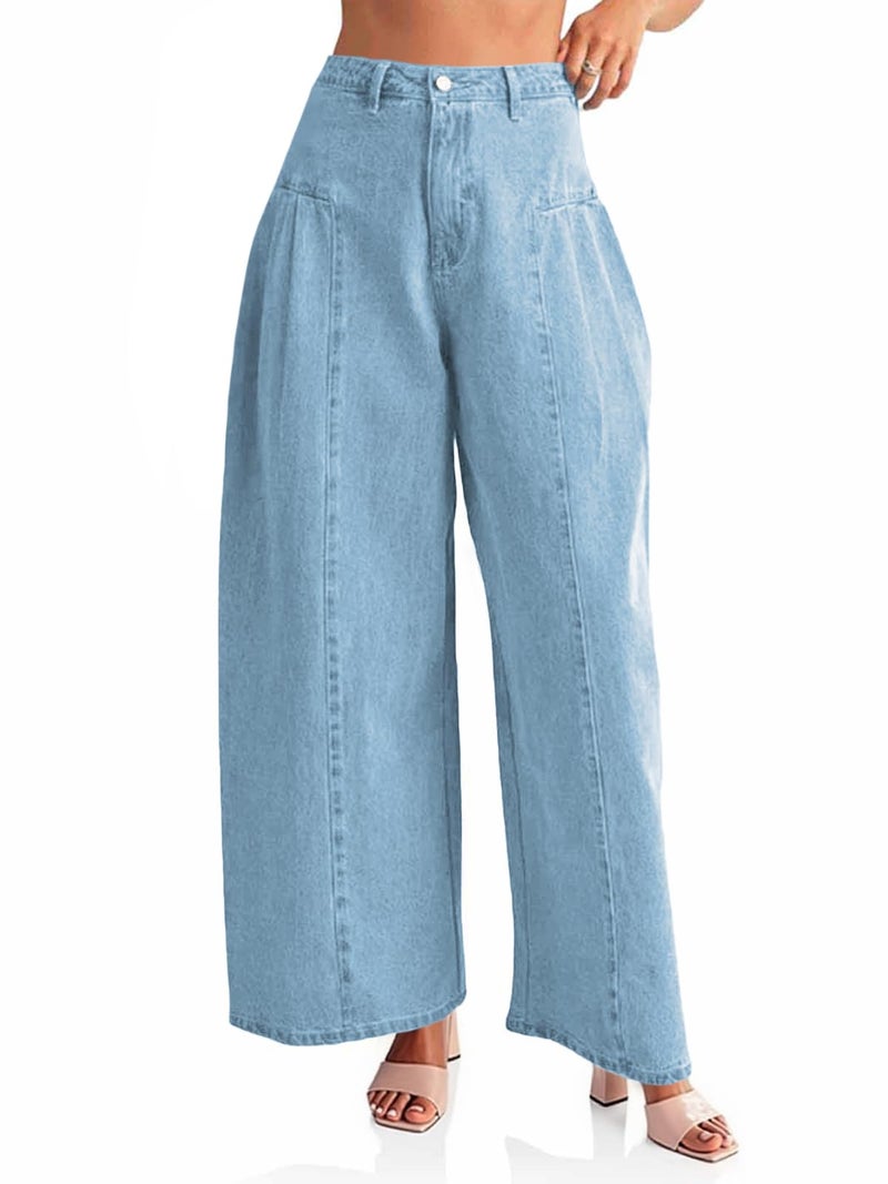 PLNOTME Womens Baggy High Waisted Jeans Loose Boyfriend Wide Leg Side Pleated Denim Pants Blue - Image 1