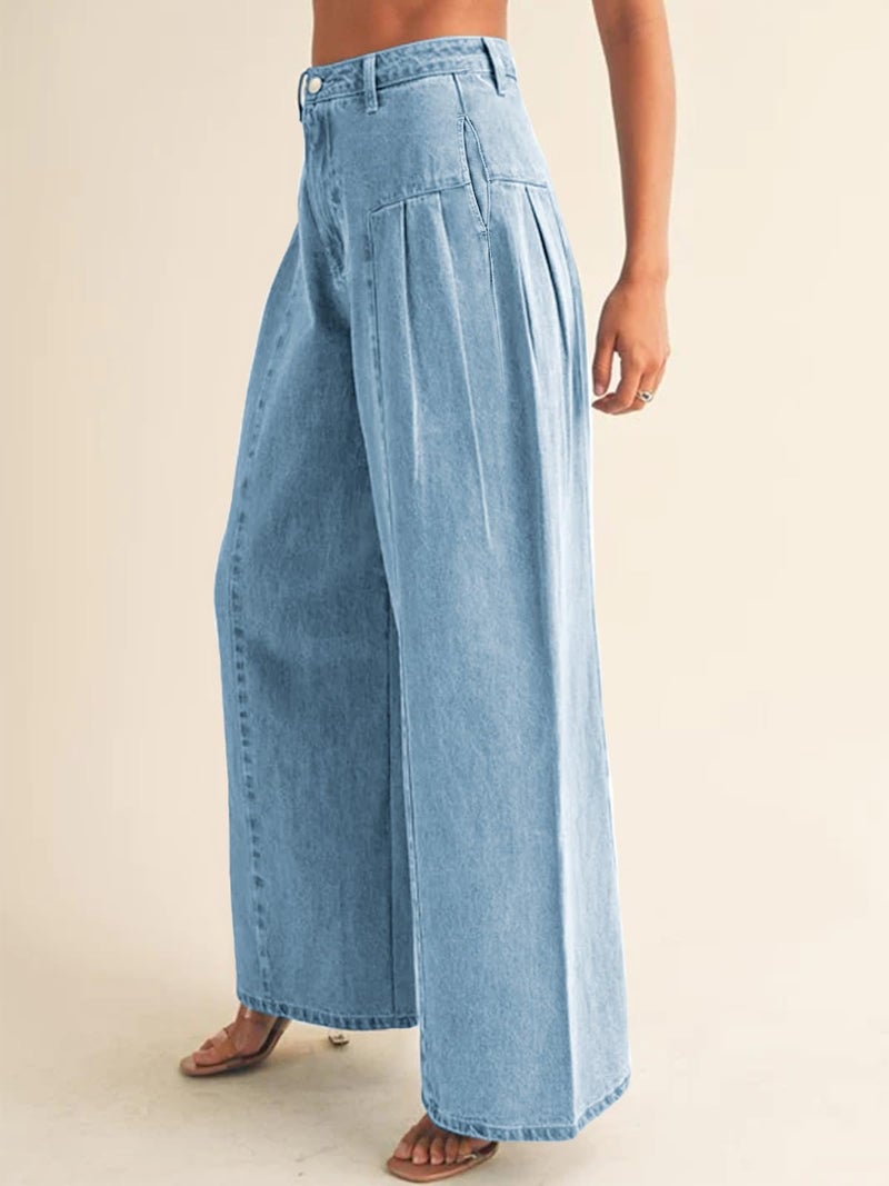 PLNOTME Womens Baggy High Waisted Jeans Loose Boyfriend Wide Leg Side Pleated Denim Pants Blue - Image 2