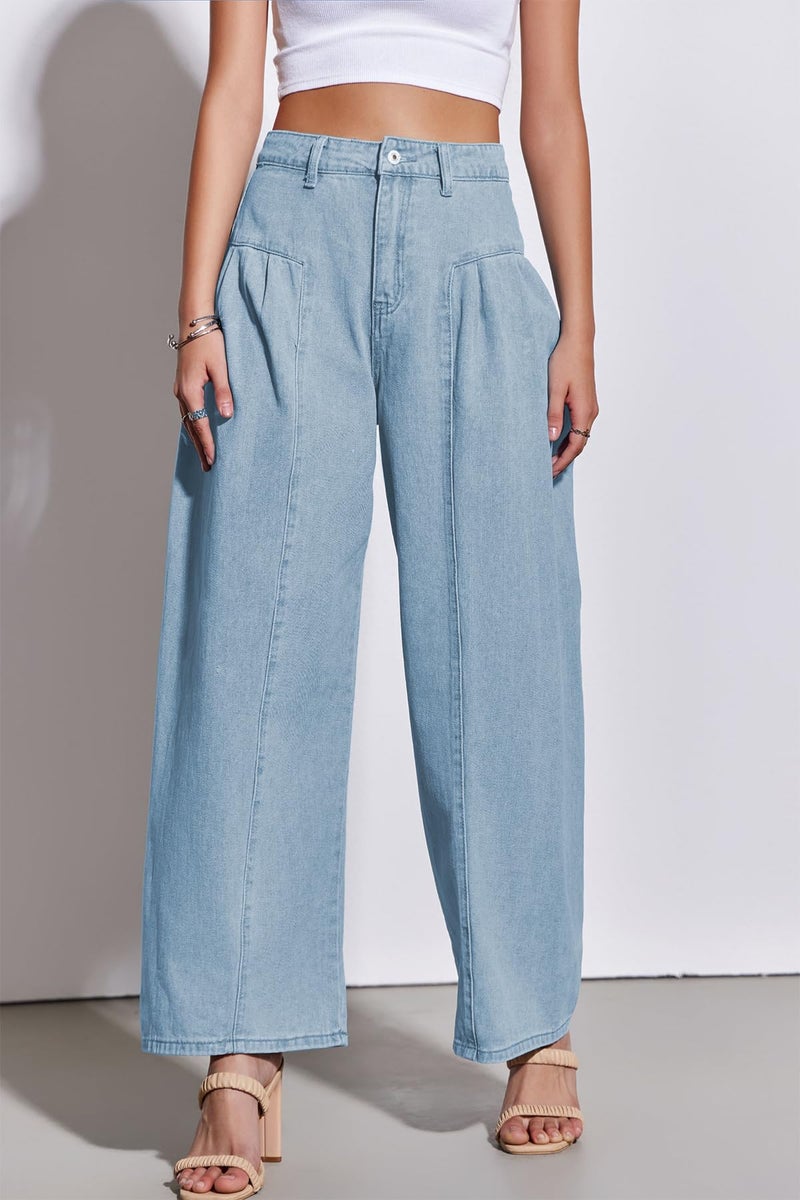 PLNOTME Womens Baggy High Waisted Jeans Loose Boyfriend Wide Leg Side Pleated Denim Pants Blue - Image 4